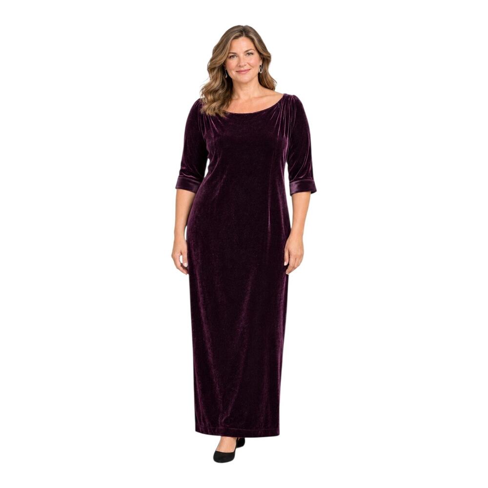 TADASHI SHOJI Vintage XL Velvet Maxi Dress Plum 3/4 Sleeve Satin Cuff Bust 36"